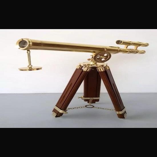 Brass Telescope On Wooden Tripod Nautical Decor
