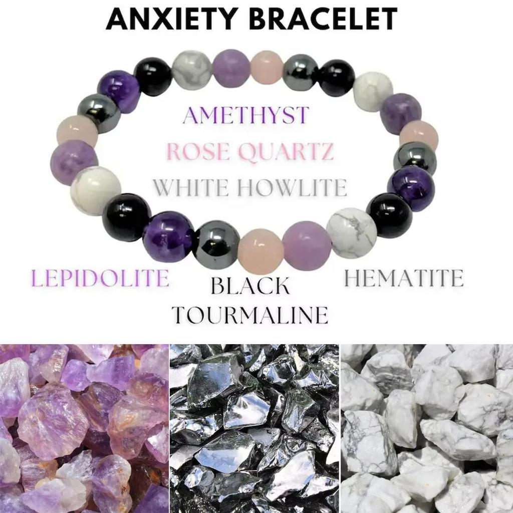 Stress Relief Bracelet Amethyst Black Tourmaline Clear Quartz Hematite Lepidolite Rose Quartz and White 8mm Round Crystal