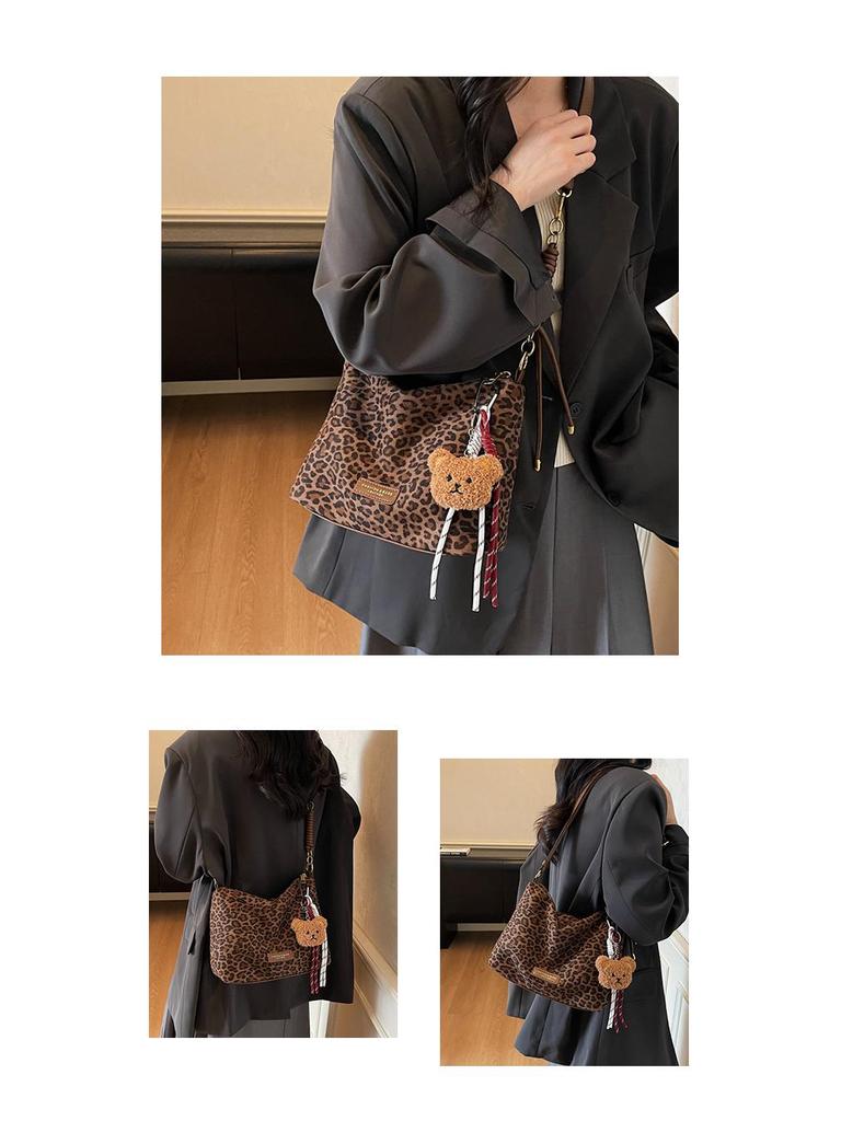 Women's Suede Leopard Print Large-Capacity Retro Crossbody Tote Bag