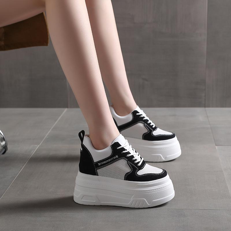 Fashion 12CM Synthetic Air Mesh Genuine Leather Hidden Heel Women Sandals Vulcanize Platform Wedge Summer Chunky Sneakers Leisure