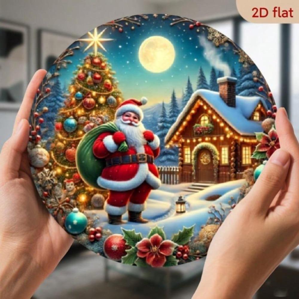 Holiday Metal Tin Sign with Santa Claus Snowy Cabin Scene for Christmas Decoration