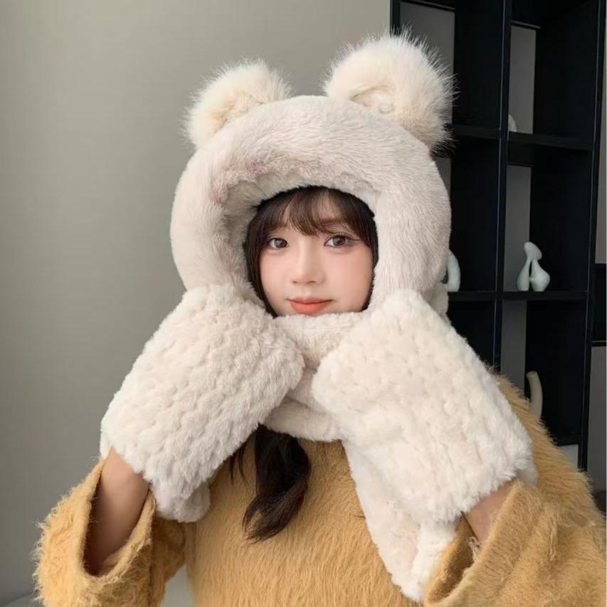 Bear Hat for Women In Autumn and Winter Autumn and Winter Plush Yarn Tie Neck Ear Protection Hat Scarf Gloves Three Piece Set