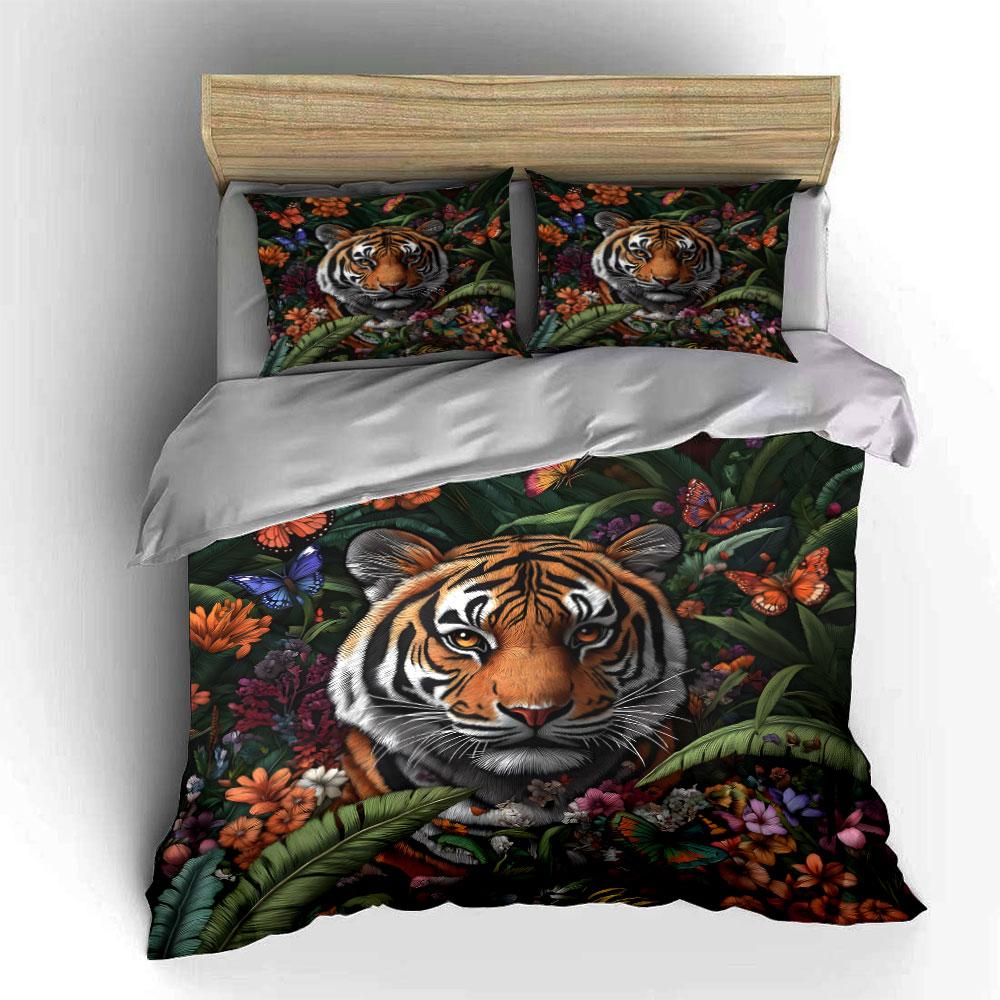 Tiger Flowers, Butterflies, Foliage Print Bedding Set 1 Duvet Cover 2 Pillowcases For Adult And Children Luxury Gift Full Size