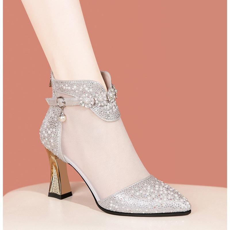 Fashion pointed mesh fine heel high heel cool boots women's rear zipper breathable fashion sandals women els