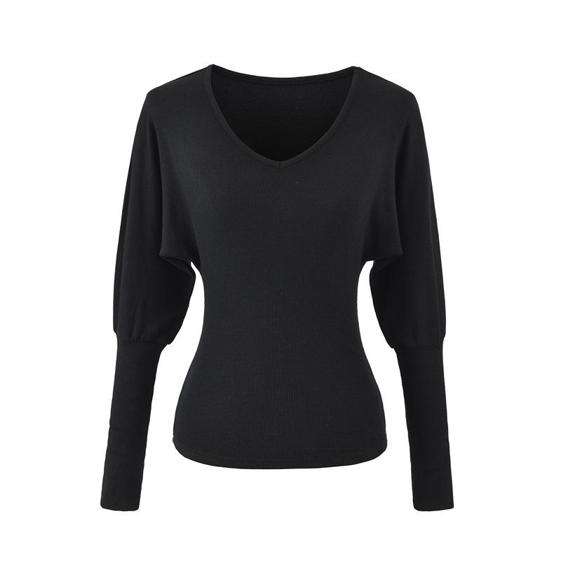 Korean Chic Slim-Fit V-Neck Long Sleeve Brushed T-Shirt for Women M чёрный