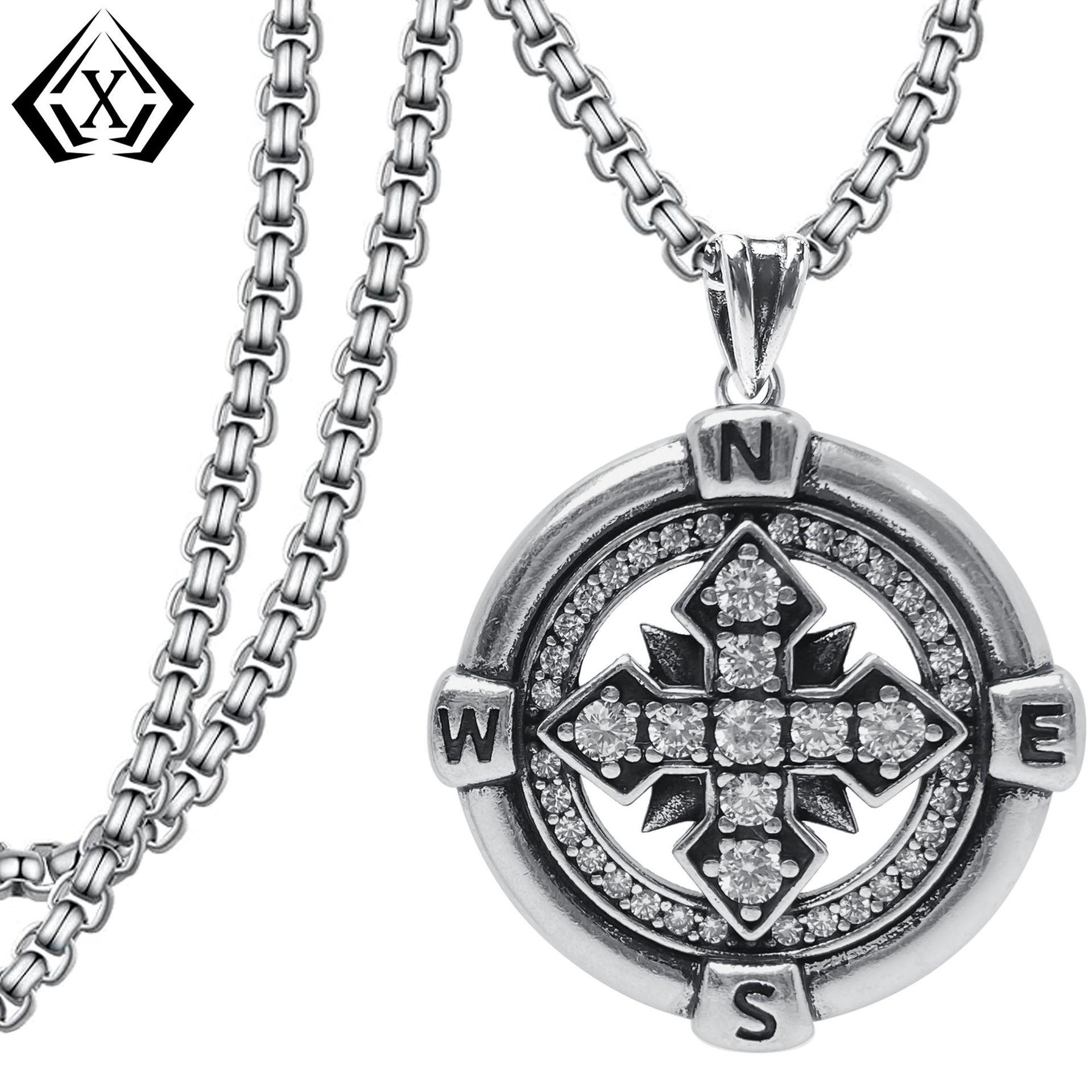 Ретро-подвеска-компас Xiweier на цепочке с инкрустацией цирконами в стиле панк, медь.