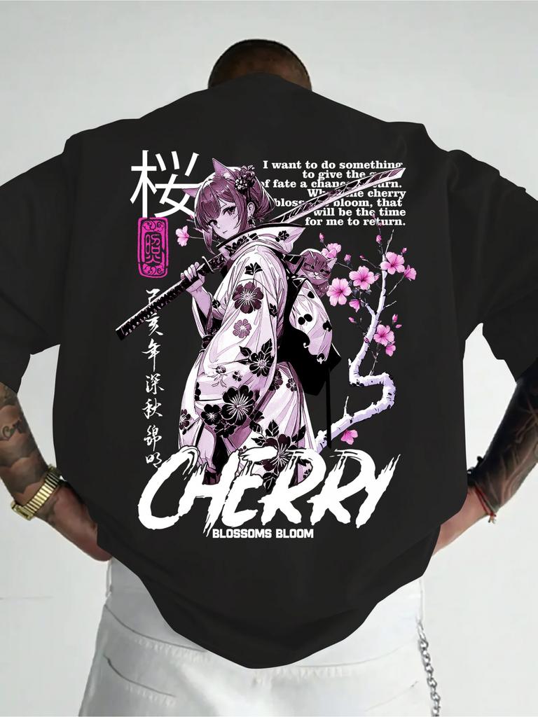 Japanese Style Anime Cherry Blossom Graphic Tee Casual Tops 100 Cotton Unisexs Tshirt Summer Breathable Comfortable Streetwear