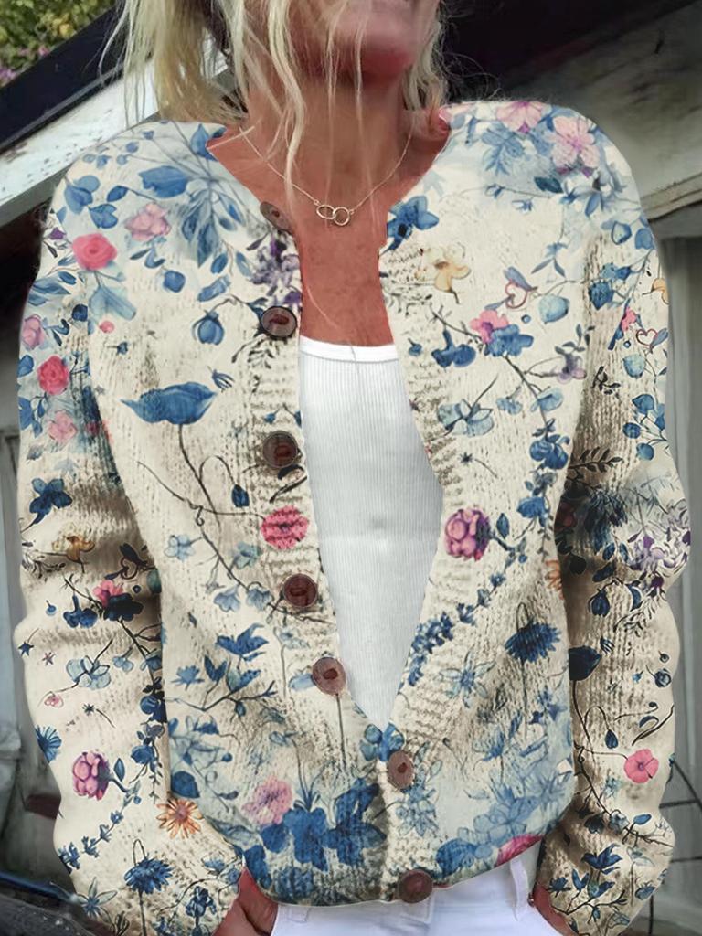 Women's Loose Fit 3D Print Round Neck Long Sleeve Cardigan Sweater