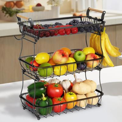 Fruit Basket Vegetable Basket Metal Storage Basket with Hook and Wooden Handle Stackable and Removable Kitchen Storage Rack