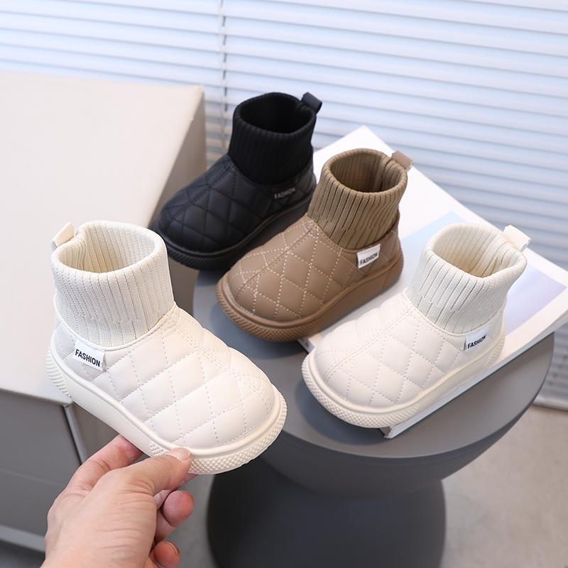 Children's Boots Warm Non-Slip Kids Boots Plush Lining Upper Woolen Stitching Design Short Boots Comfortable Solid Color Kids Shoes