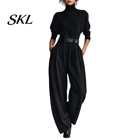 Women Casual Matching Set Women's 2 Piece Set, High Neck Long Sleeve Top And Fashionable Clothing Wide Leg Pants Sets, Dressy Business Office