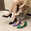 New Patent Leather Pointed Toe Block Heel Shoes, Elegant Plus Size Women's High Heels