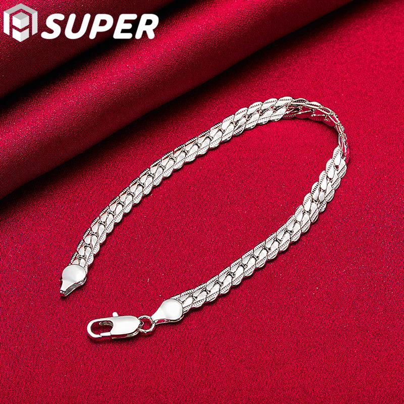 925 Sterling Silver Bracelet 6mm 18/19/20cm Flat Side Chain Lobster Clasp Jewelry