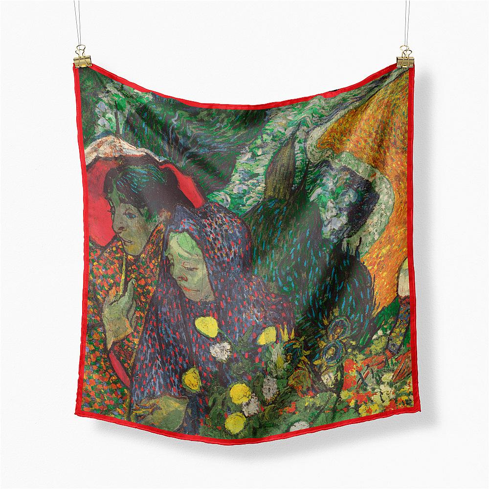 Famous Oil Painting Twill 100% Silk Scarf Fashion Bandana Women Scarf Wraps 53cm Square Scarves Hijab Head Scarf Neckerchief