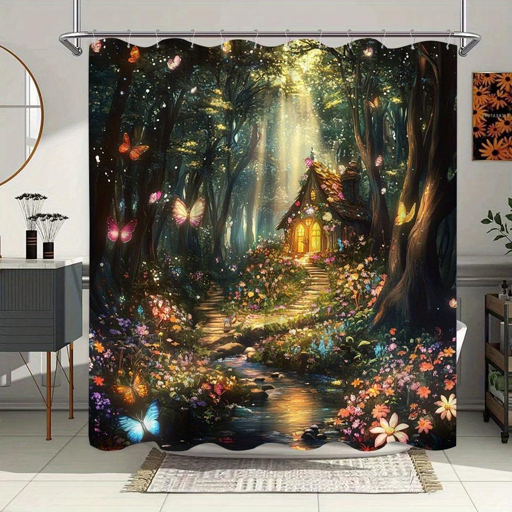 Verzauberter Wald Fantasy Duschvorhang - Mehrfarbige Schmetterlinge & Blumen, Rustikales Hüttendesign, Polyester