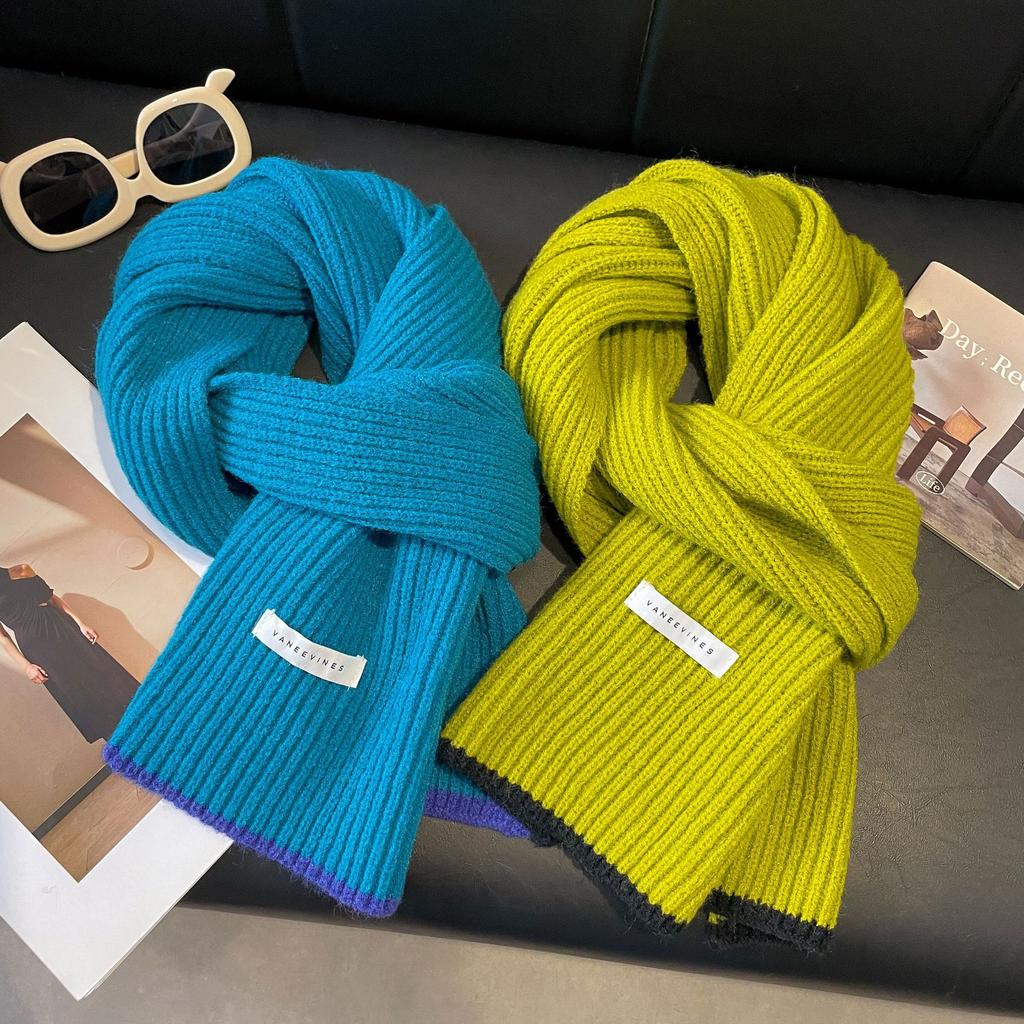 Solid color white knitted scarf autumn and winter women's Korean version versatile warm simple versatile solid color new blue scarf
