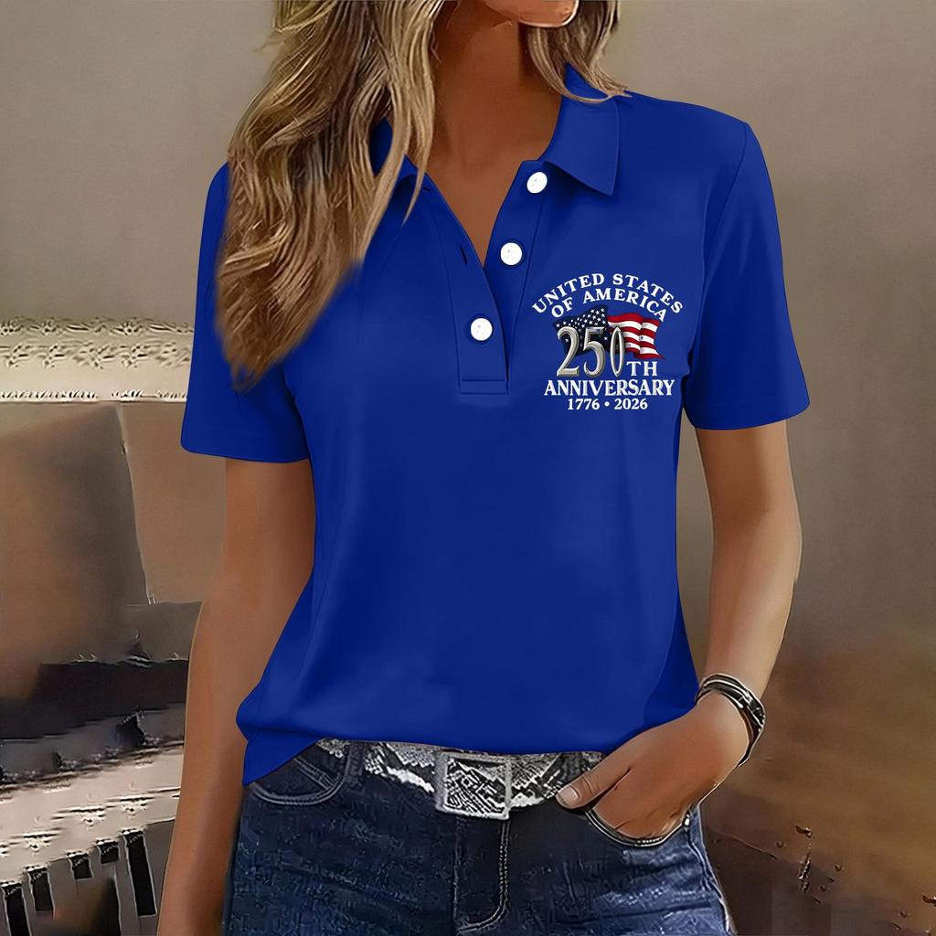 Women's Casual Button Front Short Sleeve Polo Shirt 250th Anniversary United States Printed Top 1776 To 2026 Commemorative Apparel