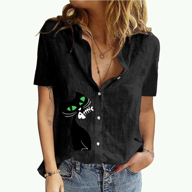 Damskie modne bluzki z klapami letni i jesienny nadruk kota koszulka z krótkim rękawem damski bawełniany lniany kardigan T-shirt