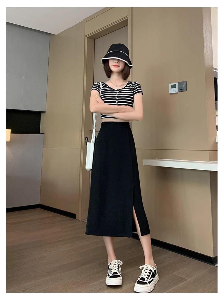 2024 Black A-Line Midi Skirt: High Waist, Slimming, Petite, Versatile for Women - Perfect for Spring/Summer