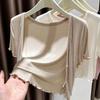Women Summer White V Neck Button Down Ruffle Hem Crop Top