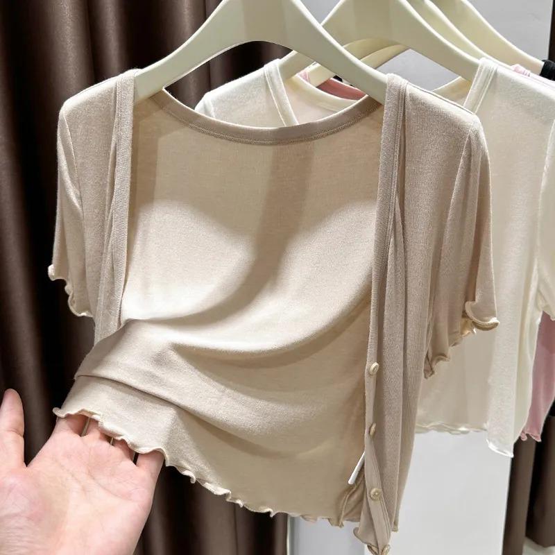 Women Summer White V Neck Button Down Ruffle Hem Crop Top
