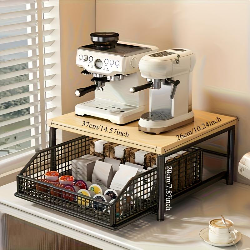 Küchenarbeitsplatten-Aufbewahrungsregal mit Metallschublade, Massivholz & Metall Ausziehbarer Organizer für Kaffeemaschine, Mikrowelle und Geschirr