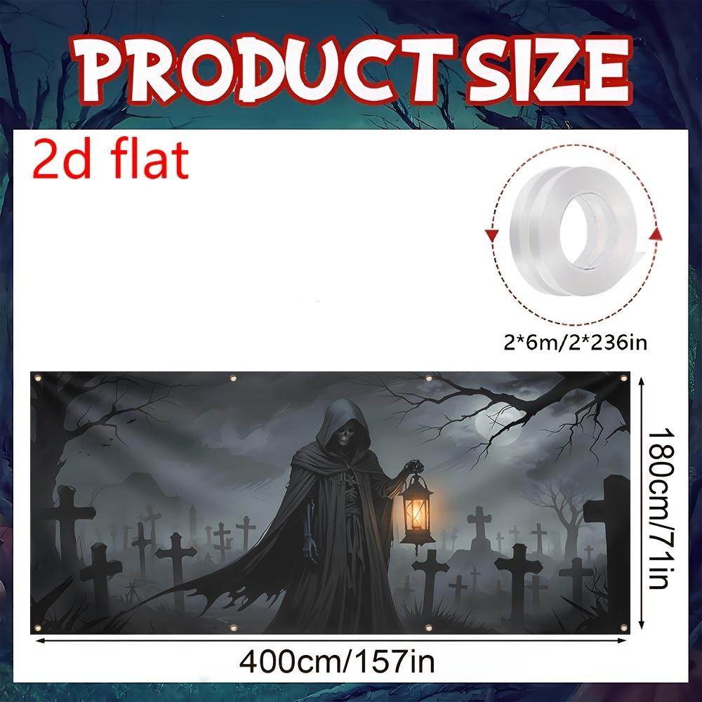 1pc 2D Flat ,Halloween Banner Lights Spooky Graveyard Skeleton Zombie Backdrop Outdoor Holiday Decor , 157*71in