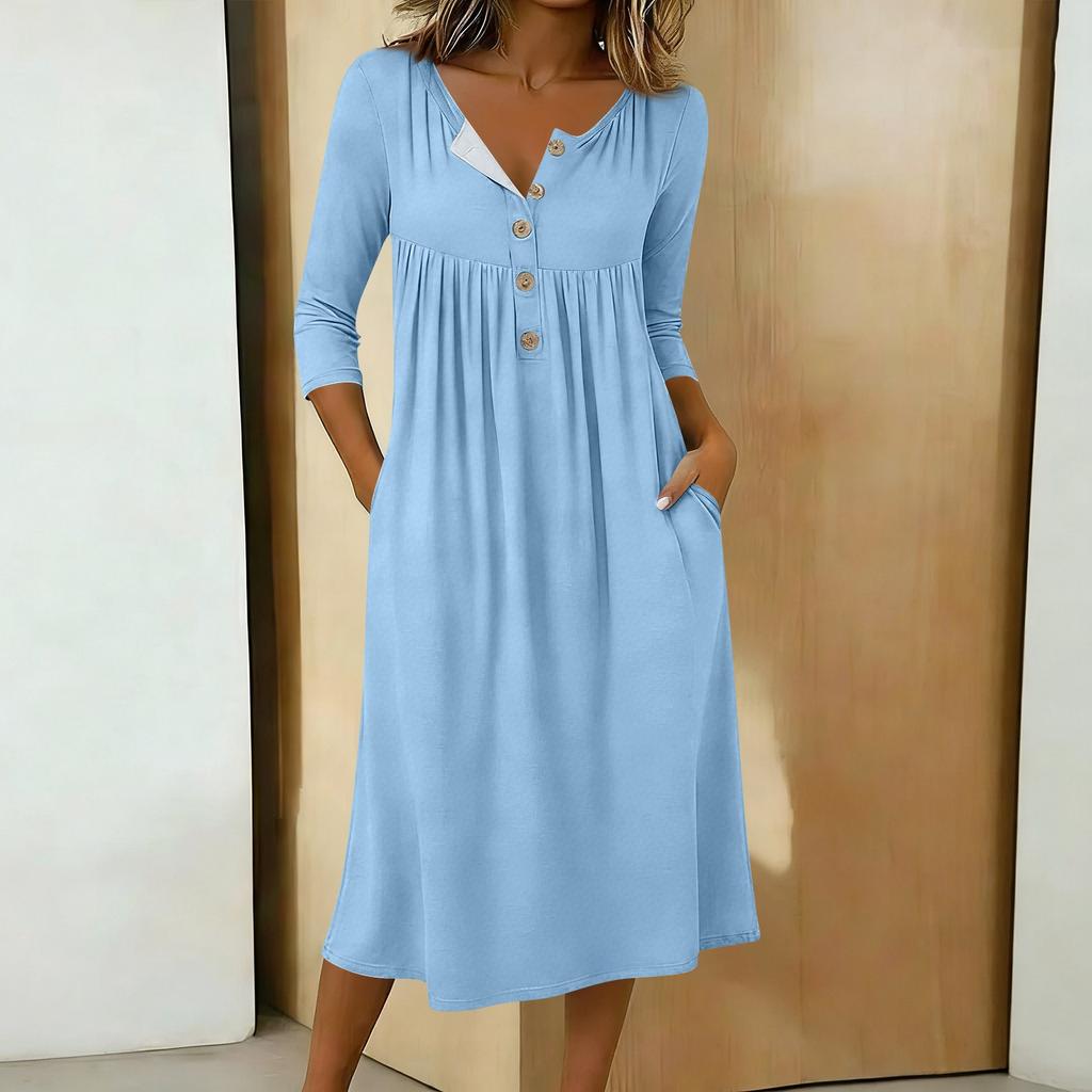 Damen Lässiges Midikleid mit 3/4 Ärmeln und Knöpfen