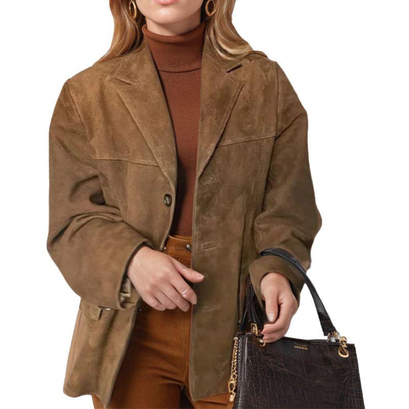 Retro Suit Jacket Autumn New European and American Women Retro Brown Loose Pocket Long Sleeve Blazers