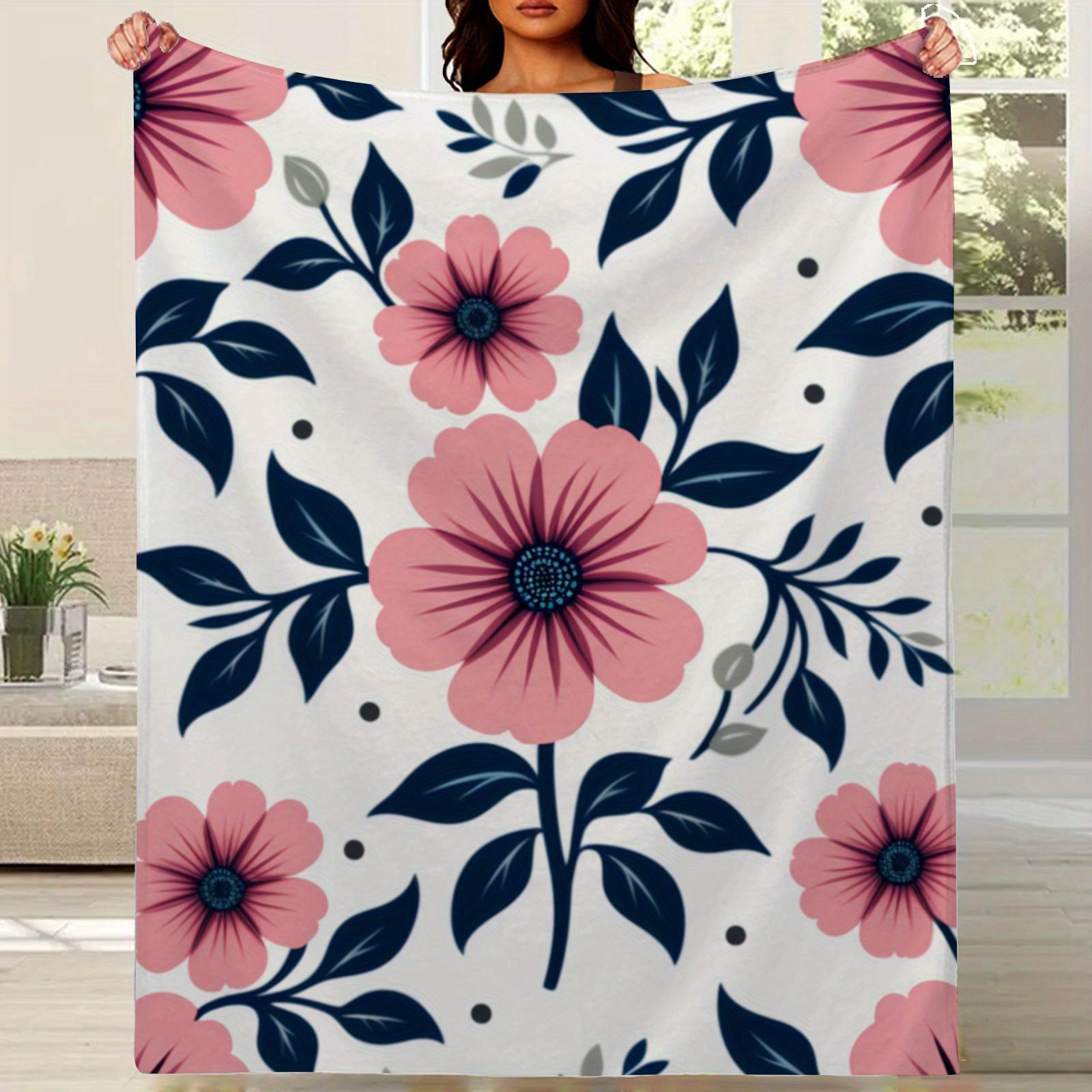 Luxury 280GSM Flannel Blanket - Soft Warm All-Season Pink Blue Floral Print Throw with White Background, Navy Blue Leaves & Cora 75X95CM