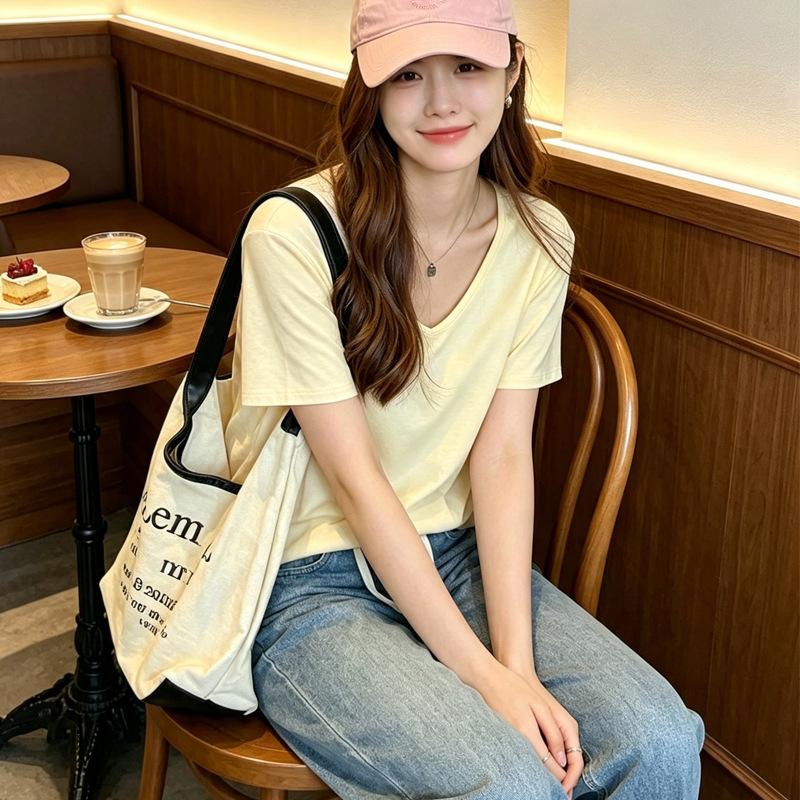 Women's Short Sleeve Top V Neck Casual Loose Fit Ice Silk Ribbed T-Shirt Solid Color Daily Wear Blouse