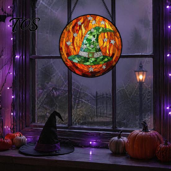 Lightweight Party Signs Halloween Stained Glass Suncatcher Ornament, Vintage Hanging Window Decor with Pumpkin Ghost Bat Witch Waterproof Porch