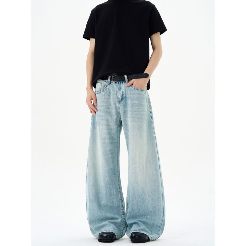 Kisko Simple Retro Washed Blue Cleanfit Jeans Unisex Basic Loose Straight Scimitar Pants