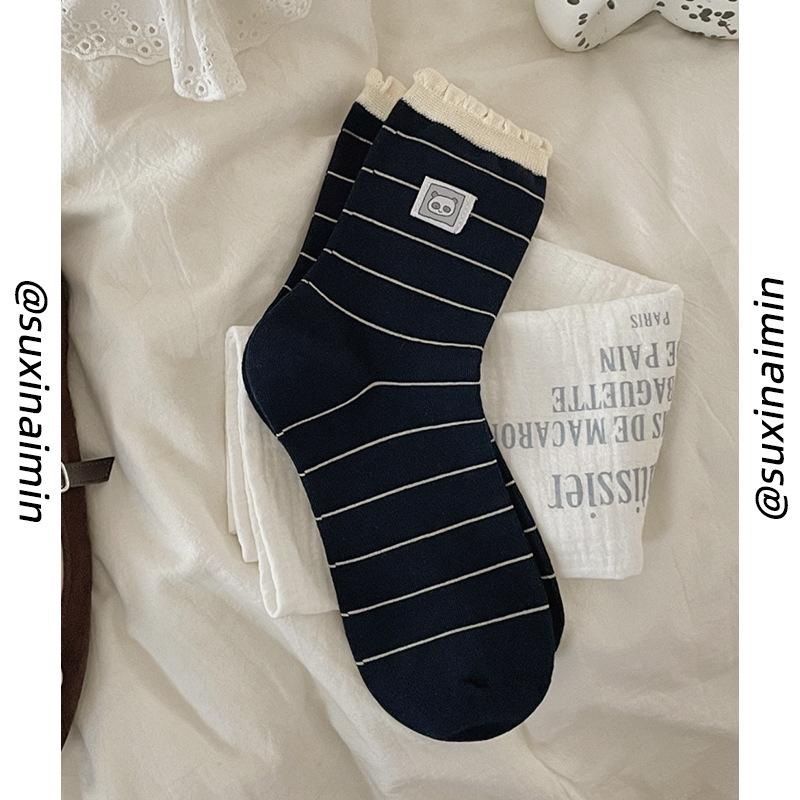 

Original cloth label panda socks women s Japanese striped medium tube socks ins tide bubble mouth stacking socks one size чёрный