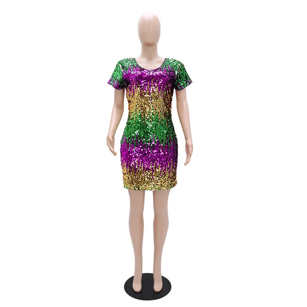 10542 European & American Gradient Sequin V-neck Backless Mini Party Dress