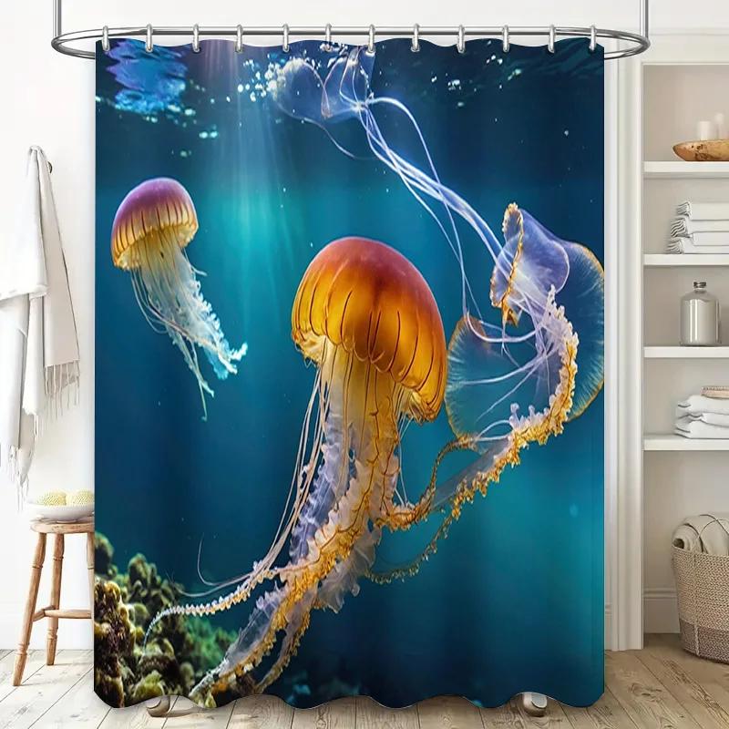 Blue Ocean Jellyfish Shower Curtain Vivid Underwater Scene Print Home Decor Watermelon Bathing Room Accessories