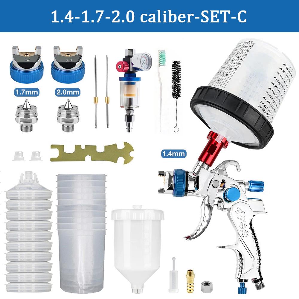 

HVLP Spray Gun 1.4+1.7+2.0mm Nozzle Kit with Air Regulator Filters +10PCS No-clean Paint Mixing Cups High Quality Spray Gun