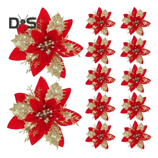 12 bucăți Poinsettia cu sclipici Ornamente de Crăciun cu tulpini de cleme Flori artificiale pentru decorarea coroanei de nuntă pentru pomul de Crăciun