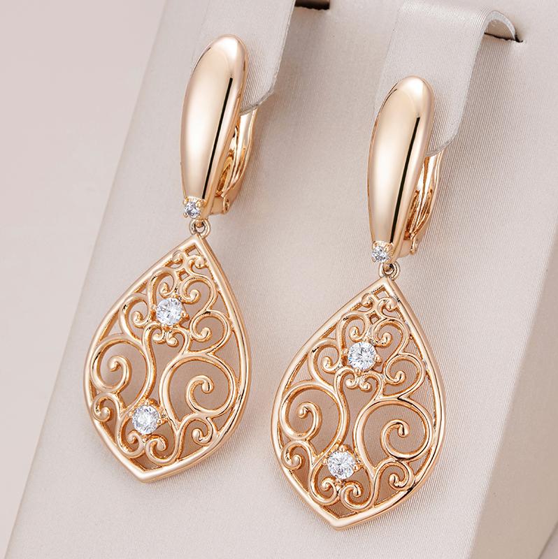 New Rose Gold Natural Zircon Drop Earrings For Women Hollow Flower Ethnic Bride Vintage Jewelry Crystal Gift