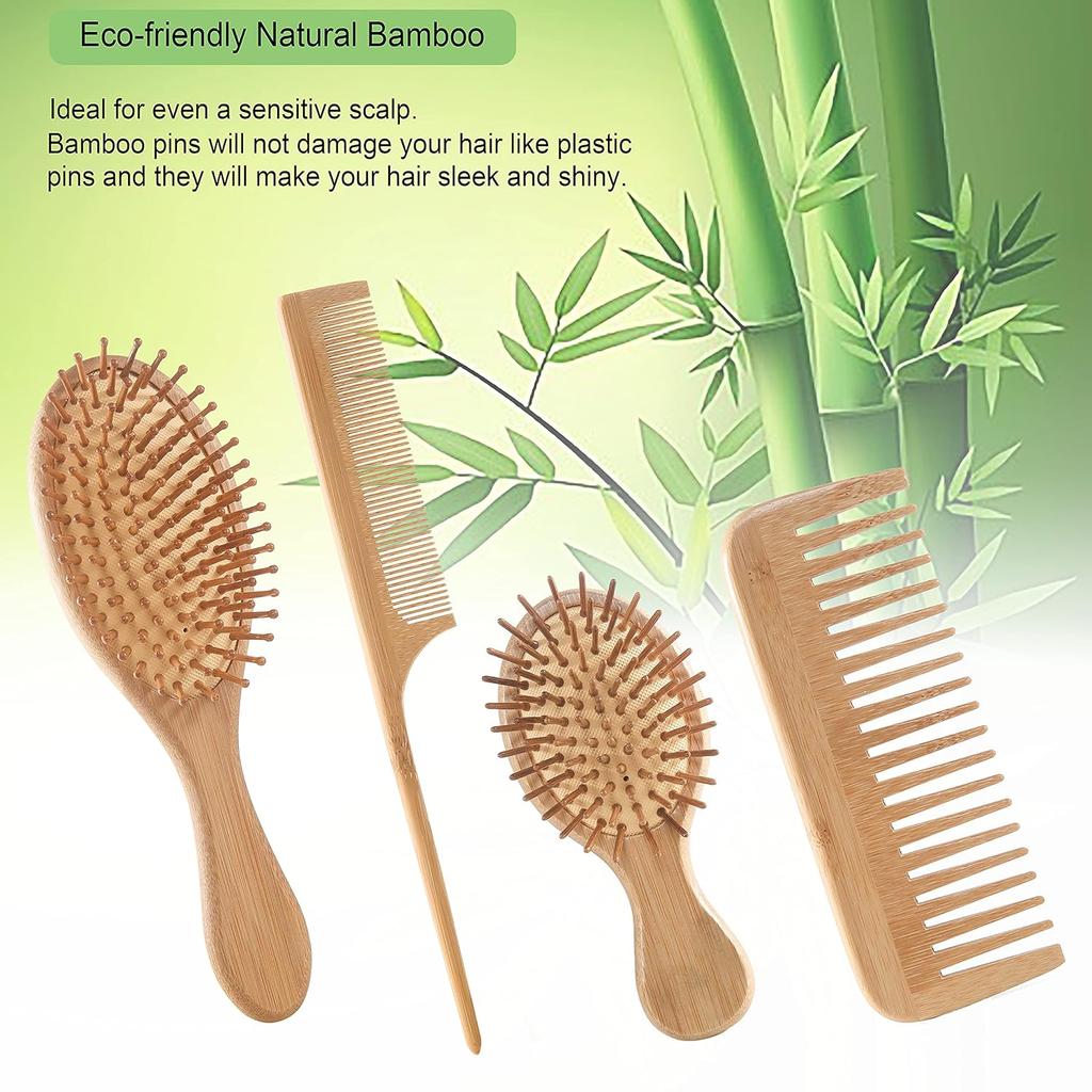 Bamboo Hair Brush and Comb Set - Eco-Friendly Anti-Static Detangling Brush and Combs for Women and Men, Massage Wooden Brushes for Thick, Thin,