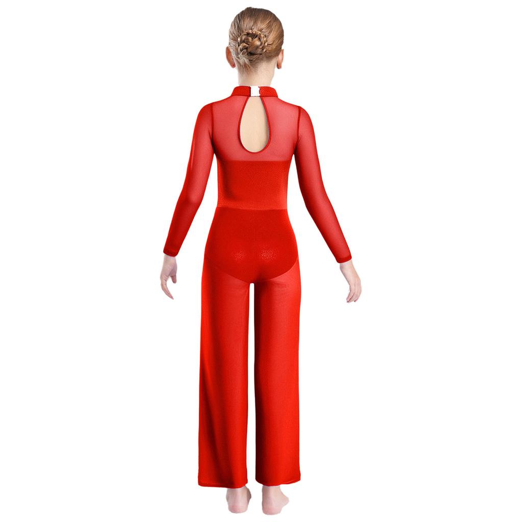 Girls Gymnastics Performance Costume Sheer Mesh Patchwork Wide Leg Metallic Long Sleeve Jumpsuit