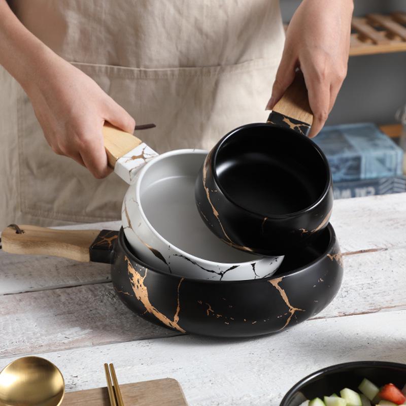 Nordische Minimalistische Keramikschüssel mit Marmormuster und Holzgriff