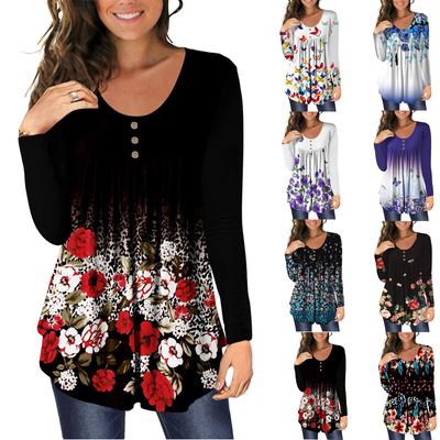 Autumn Women's Thin Long Sleeve Floral Printed Pleated Casual T-shirt Buttons O Neck Plus Size Ladies Top