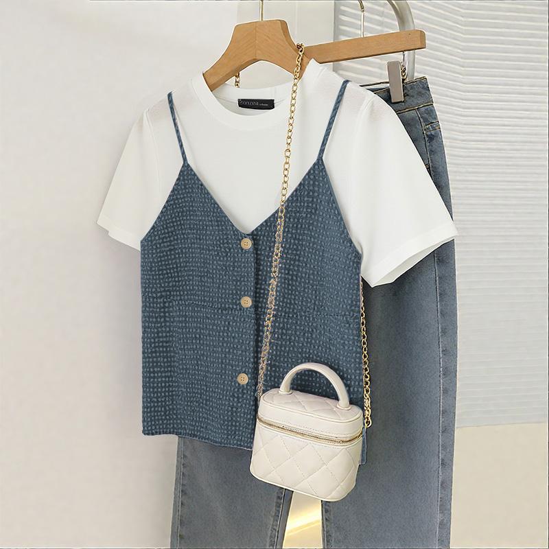 

ZANZEA Женская повседневная лоскутная летняя блузка с коротким рукавом 5XL тёмно-синий