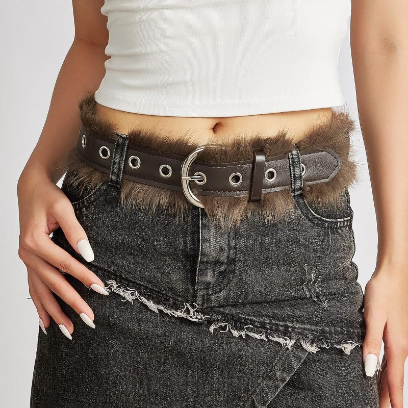 Punk Pu Leather Fur Belt Y2K Metal Studded Plush Waist Chain Faux Fur Belts Furry Sexy Vintage Waistband Hiphop Jeans Belt