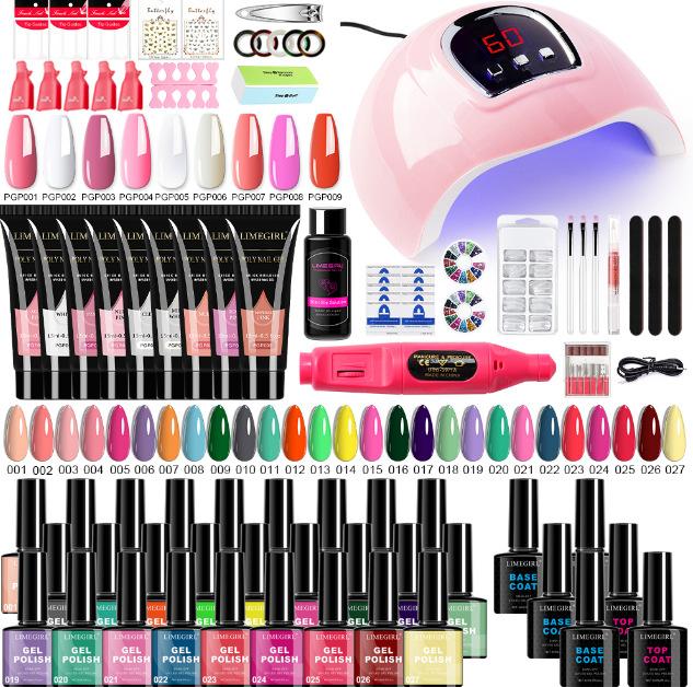27 Colors Gel Polish Set, Nail Art Tools Kit with Builder Gel, Rhinestones, Stickers, Nail Tips, LED Lamp & Drill Machine