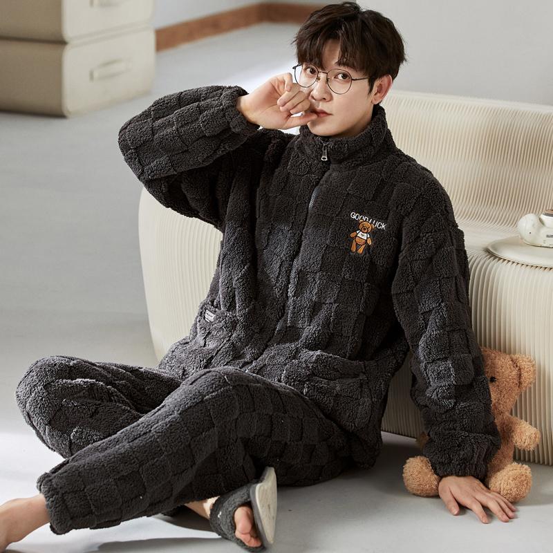 

Спортивный стиль Зимняя теплая пижама комплект для мужчин молния коралловый флис домашняя одежда пижама для молодых мальчиков L for 50-60kg