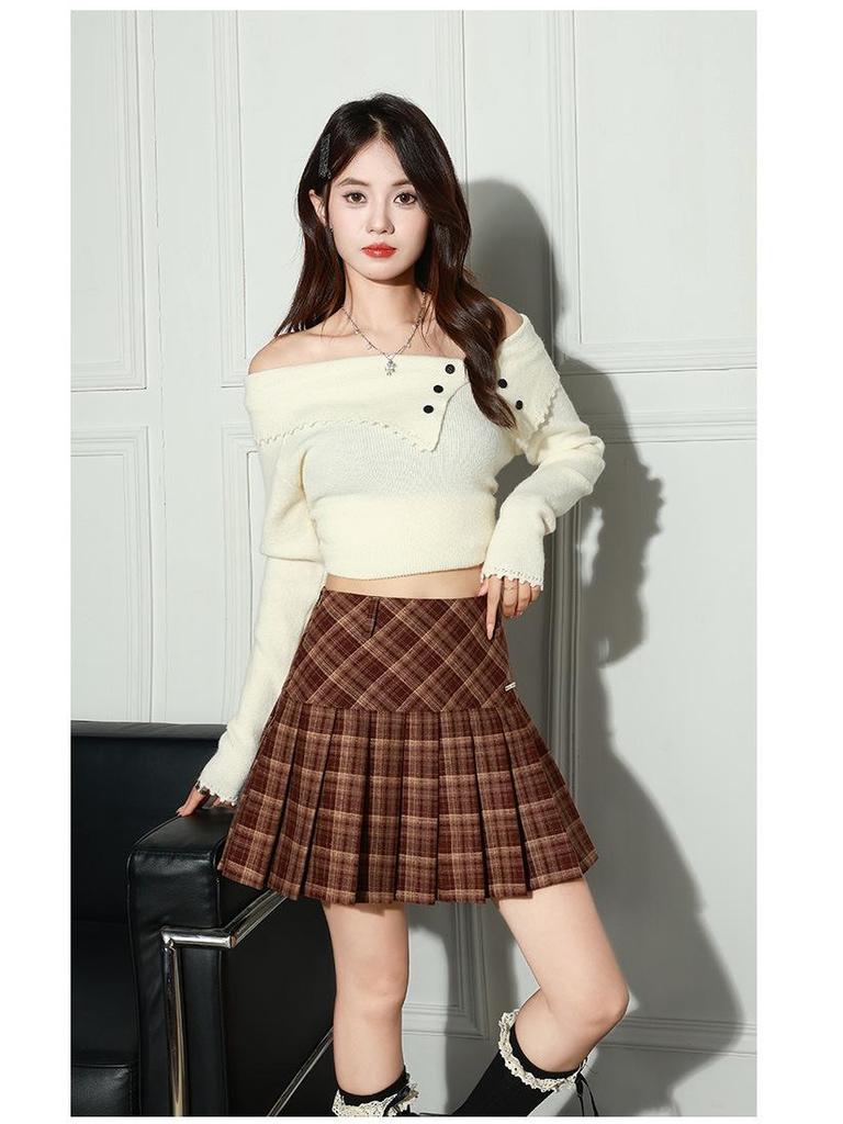 2025 College-Style Retro Pleated Wool Blend High-Waisted Midi Skirt - Slim and Visually Elongating