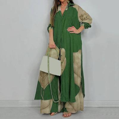 Women V-neck Patchwork Printed Top And Pants Suit Contrasting Color Commuting Set Wide-leg