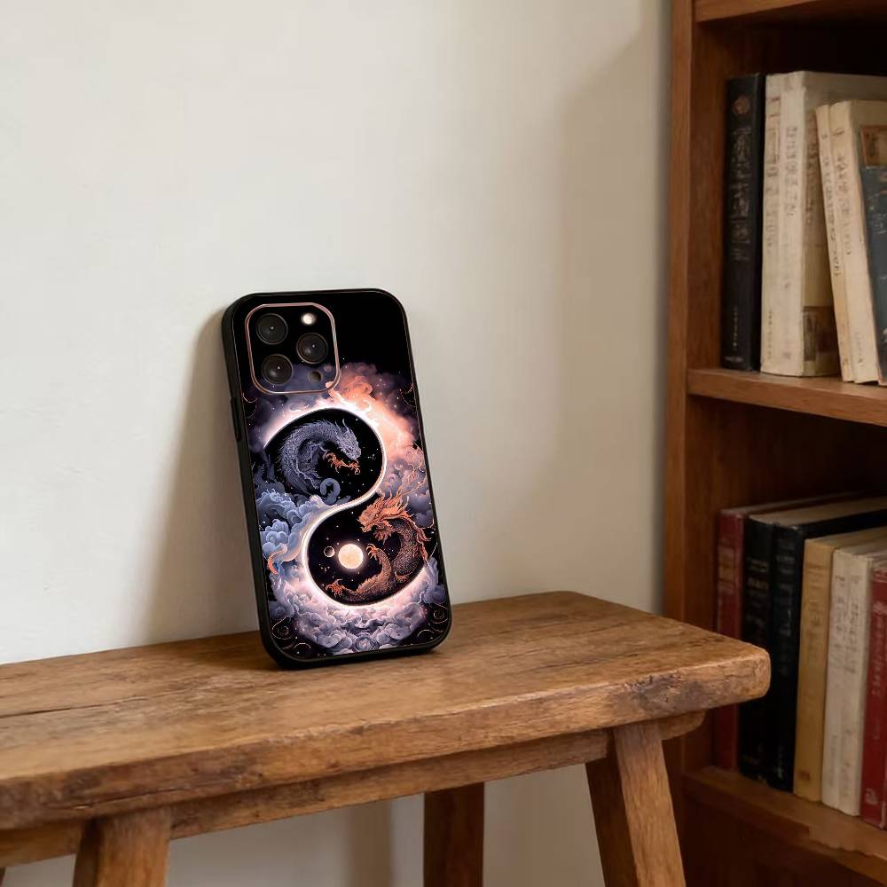 Japanese Art Dragon Yin Yang Phone Case For iPhone 17, 16,15,14,13,12,11 Plus,Pro Max, Others Soft Black Cover